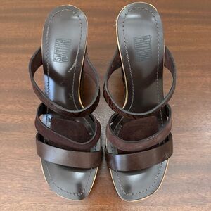 Arturo Chiang Brown Leather Wood Wedge Sandals Size 7